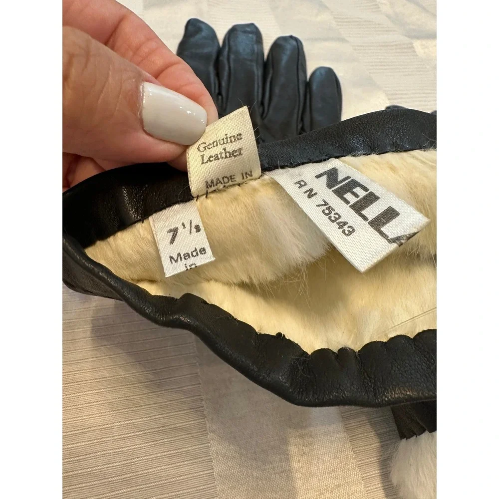 Nella Nera Black Genuine Leather Gloves Rabbit Fur Lined Made in Italy Size 7.5